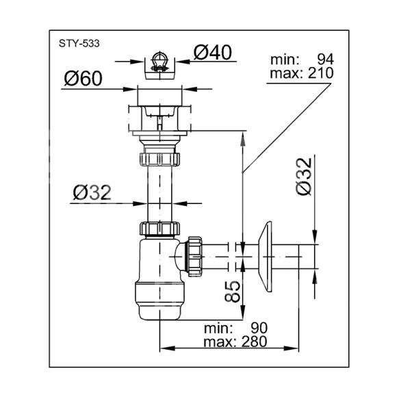 Mosdószifon 5/4″ oldható leeresztőszeleppel, Ø32 mm-es elfolyással