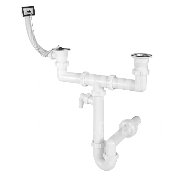 Kétmedencés mosogató csőszifon túlfolyóval, két leeresztőszeleppel, Ø40 mm-es elfolyással