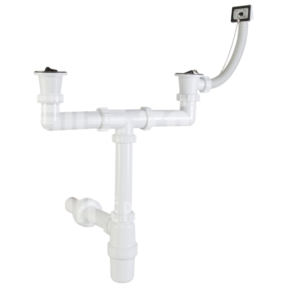 Kétmedencés mosogatószifon, túlfolyóval, két leeresztőszeleppel, Ø40 mm-es elfolyással